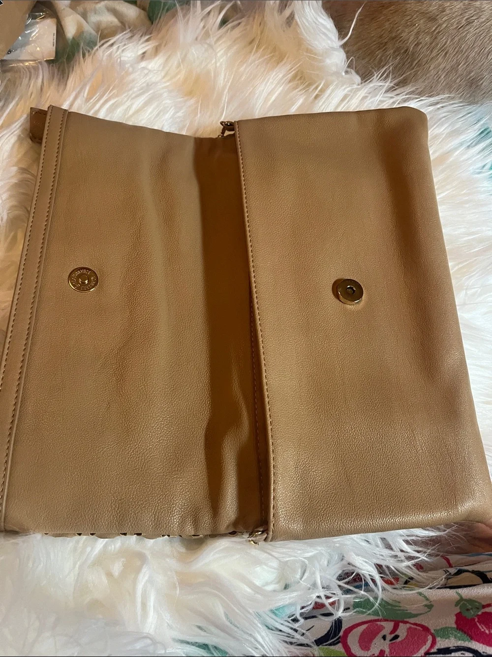 Tan Laser-Cut Foldover Clutch with Gold Chain